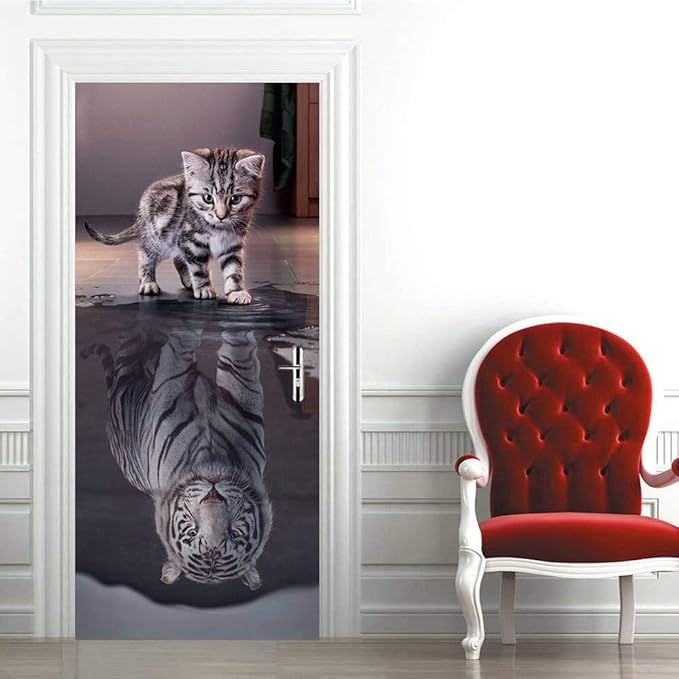 3D Door Stickers Murals Peel and Stick - Cat Becomes Tiger - Door Wallpaper Self-Adhesive Door Decals Removable PVC Waterproof Door Poster for Bedroom Living Room Door 31.5" x 78.7"-VerdiqueGarden