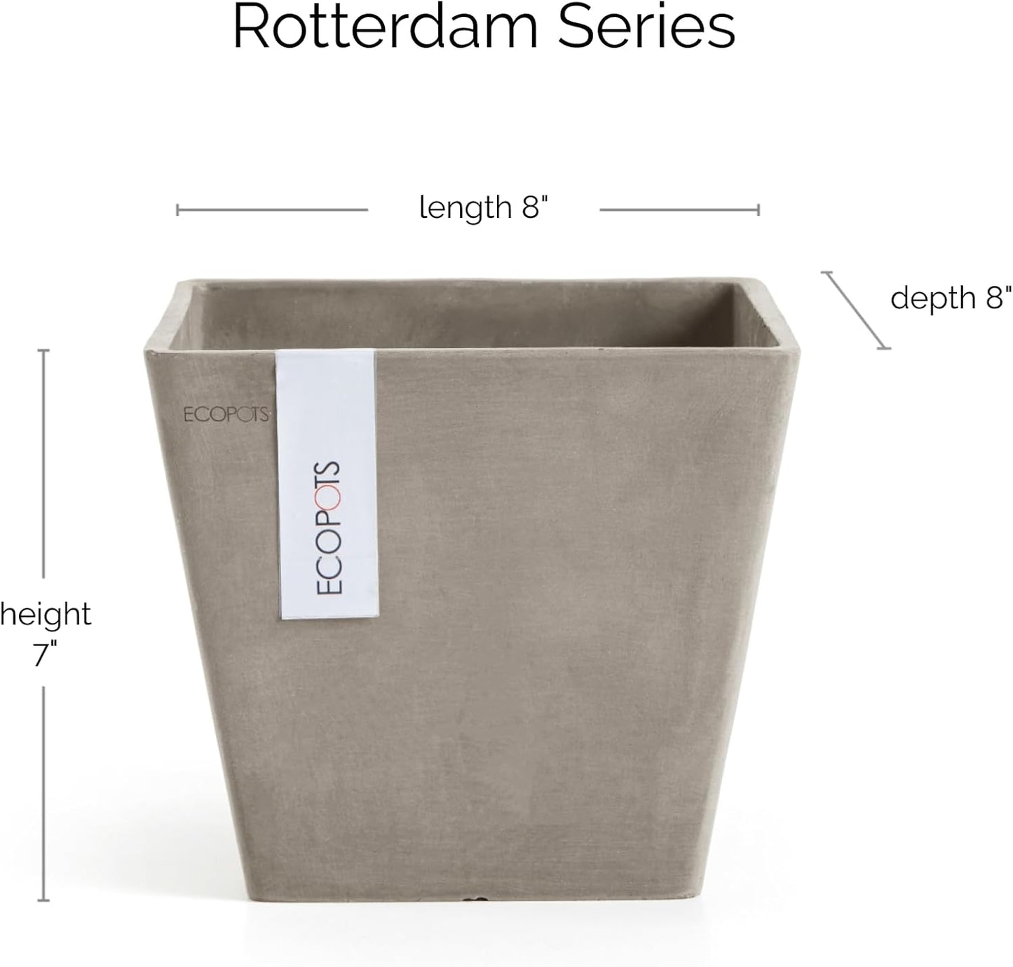 Ecopots Rotterdam Durable Modern Square Indoor/Outdoor Recycled-Based Composite Flower Planter, Taupe, 8"-VerdiqueGarden