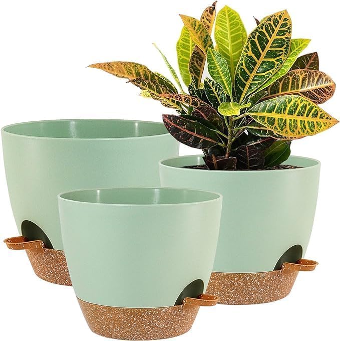 10/9/8 inch Self Watering Pots, Set of 3 Plastic Planters with Mesh Drainage Holes and Deep Reservoir for Indoor Outdoor Garden Plants and Flowers, Green with Brown-VerdiqueGarden