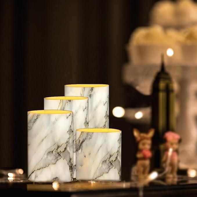 Flameless LED Candles Electric Candles with Remote Timer Control Color Changing Long Lasting Pillar Candles Tealights for Home Indoor Outdoor Decoration Pack of 4, Grey White Marble-VerdiqueGarden