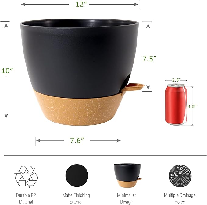 12 inch Large Self Watering Pots, Plastic Planters with 60oZ Removable Deep Reservoir and Multi Mesh Drainage Holes for Indoor Outdoor Garden Plants and Flowers, Black with Brown-VerdiqueGarden