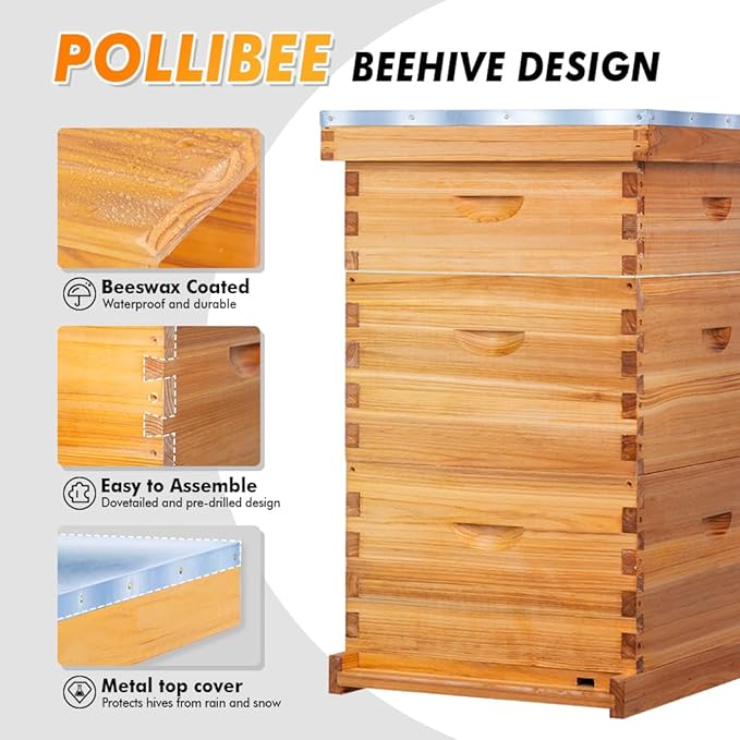 POLLIBEE 10 Frame Langstroth Beehive, Beeswax Coated Bee Hives for Bee Keeper,Beehive Include 2 Deep Bee Boxes and 1 Medium Bee Hive Box with Frame and Foundation(Unassembled)-VerdiqueGarden