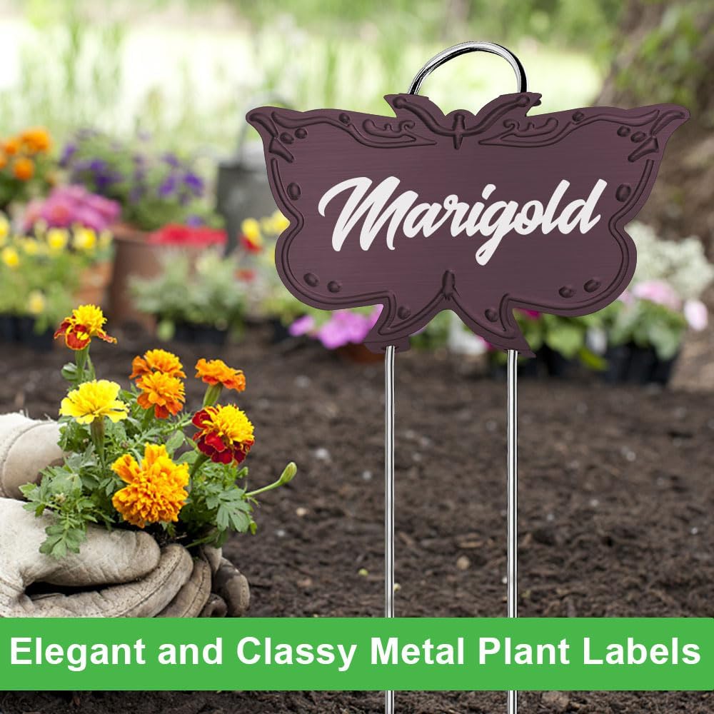 Metal Plant Labels, Tall Outdoor Butterfly Garden Markers for Flowers, Fruits and Vegetables, 304 Stainless Steel Weatherproof Signs (25 Packs, 4" x 2.3", Purplish Red Butterfly Design)-VerdiqueGarden