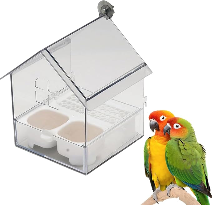Ziveseller/Sowhathow Pull-Out External Parrot Feeder, Parrot Feeder Parakeet House Bird Bath Transparent Dish Water, Hanging Wild Bird Seed with Squirrel Proof Tray (White)-VerdiqueGarden