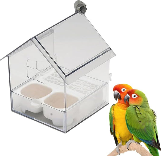 Ziveseller/Sowhathow Pull-Out External Parrot Feeder, Parrot Feeder Parakeet House Bird Bath Transparent Dish Water, Hanging Wild Bird Seed with Squirrel Proof Tray (White)-VerdiqueGarden