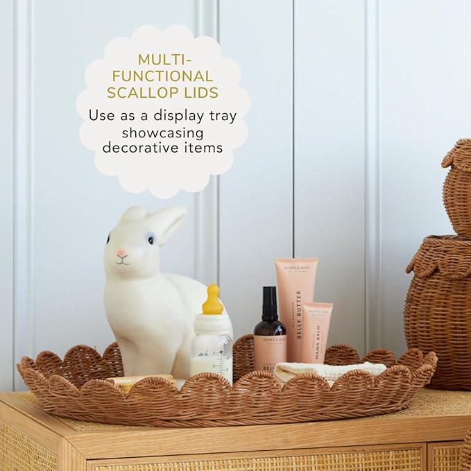 BEBE BASK The Original Scalloped Basket Set Of 2 - Small Scallop Basket - 15 x 10 x 6 In - Hand-Woven & Award-Winning - Elegant Wicker With Scalloped Edge Lid - Nursery Storage - (Mocca)-VerdiqueGarden