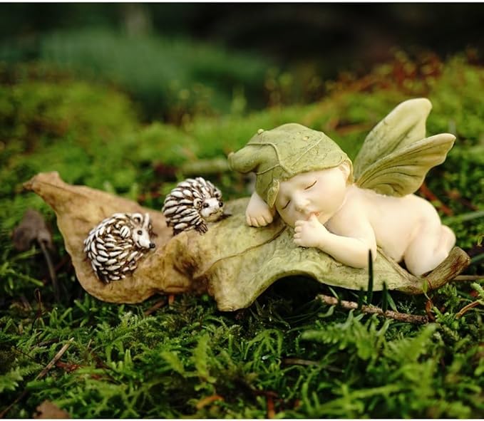Top Collection Miniature Fairy Garden and Terrarium Statue, Sleeping Fairy Baby with Hedgehogs-VerdiqueGarden