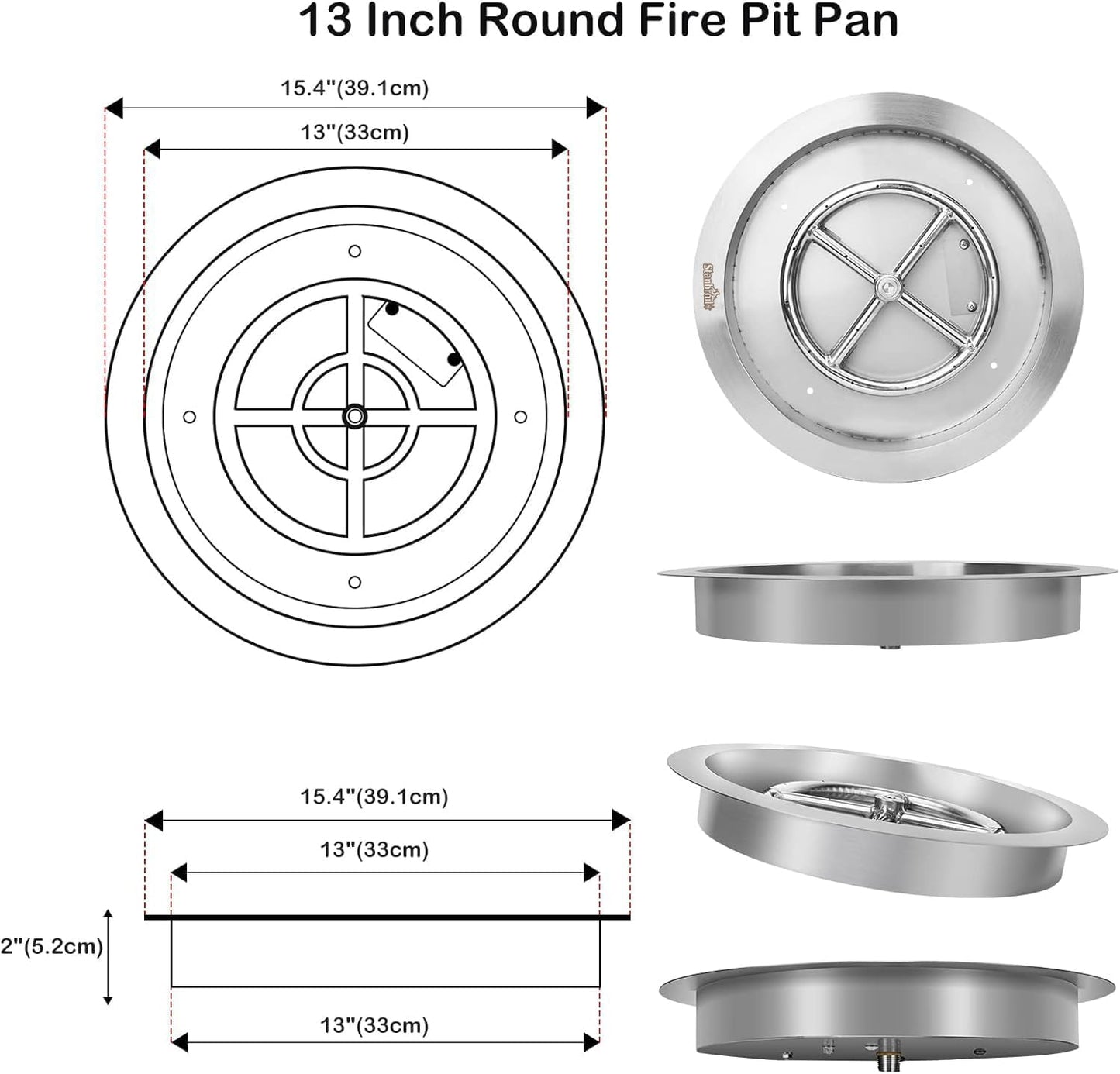 Stanbroil 13-Inch Drop-in Fire Pit Burner Pan, Round Fire Pit Insert for Propane & Natural Gas DIY Fire Table, Stainless Steel Firepit, BTU 88,000 Max-VerdiqueGarden