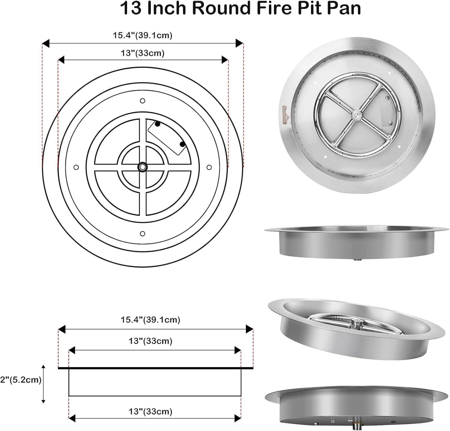 Stanbroil 13-Inch Drop-in Fire Pit Burner Pan, Round Fire Pit Insert for Propane & Natural Gas DIY Fire Table, Stainless Steel Firepit, BTU 88,000 Max-VerdiqueGarden
