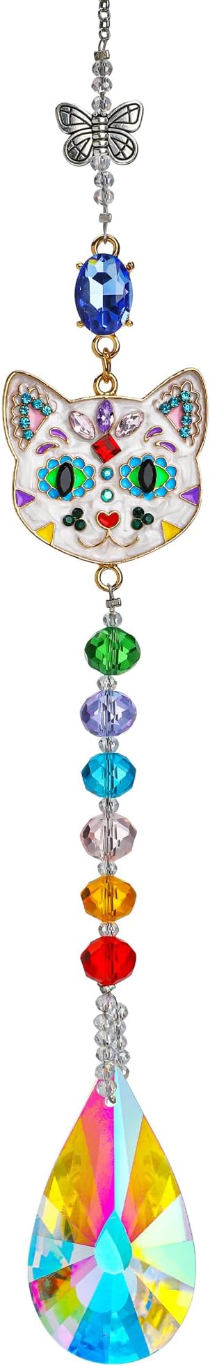 Crystal Rhinestones Suncatcher Cat Face Shaped with Butterfly Window Hang Pendant, Rainbow Crystal Colorful Prisms Ornament Gift Christmas Tree Decoration-VerdiqueGarden