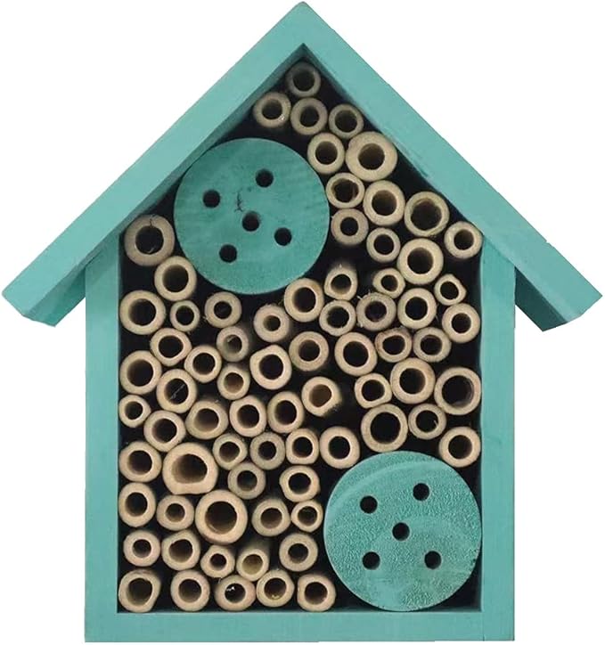 Mason Bee Houses Outdoor Wooden Blue Bee Hotel for Garden and Yard Hand-Made Bamboo Bee Hive for Bees Butterflies and Ladybugs, Medium Size 8"x7.5"x5"-VerdiqueGarden