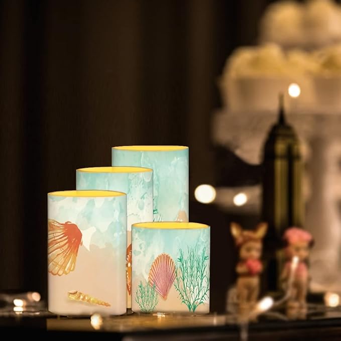 Beach Flameless Candles Battery Powered with Multicolor Timer Remote Control Everlasting Fake Candles for Coastal Marine Garden Indoor Outdoor Decor, Starfish Seashell Coral-VerdiqueGarden