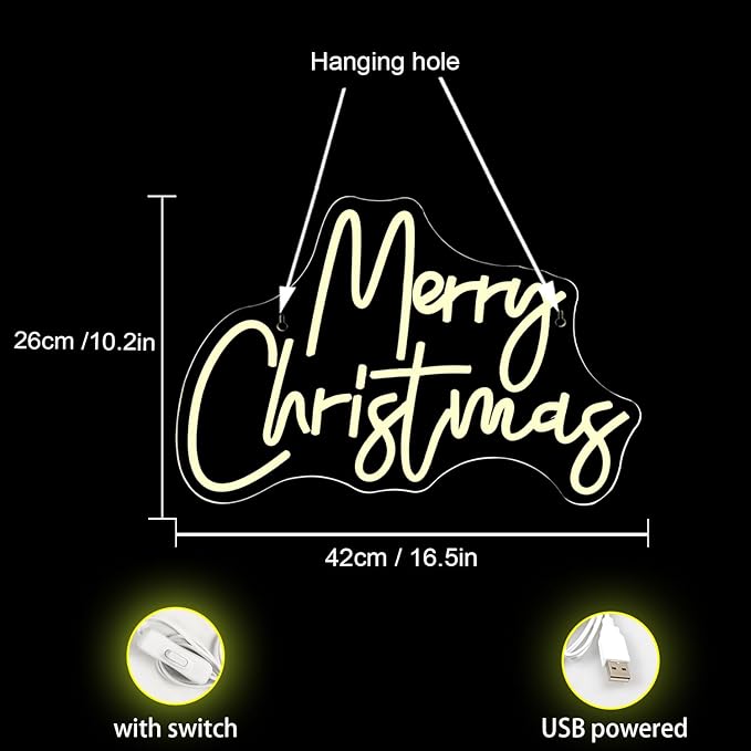 WLHOPE Merry Christmas Neon Sign,Warm White Christmas Neon Signs for Wall Decor,Dimmable Merry Christmas Led Signs for Christmas Party Backdrop Bedroom Window Bar Club Shop,Christmas Gift Decoration-VerdiqueGarden