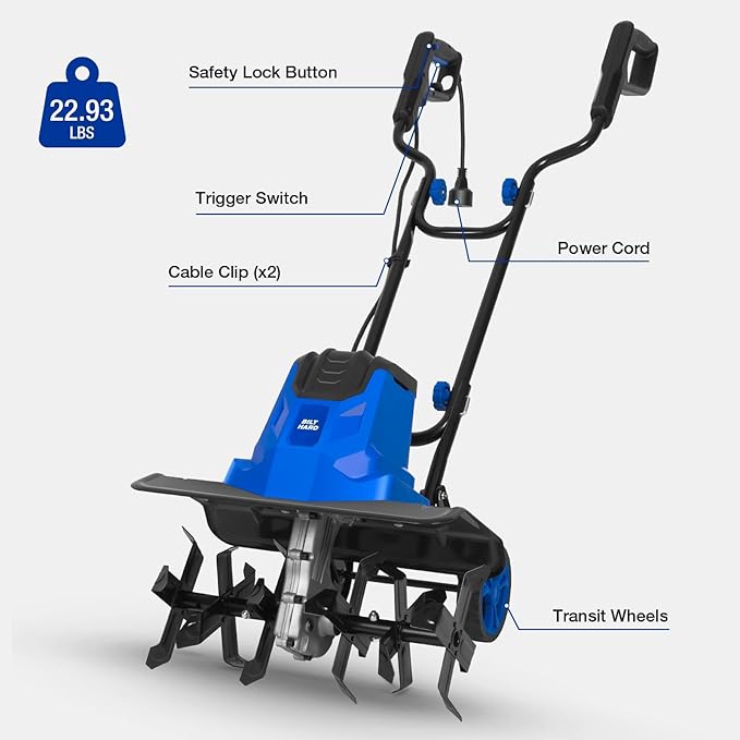BILT HARD 14-Amp 18-Inch Electric Tiller Cultivator, 8'' Tilling Depth Corded Garden Rototiller, 6 Steel Front Tines Roto Tillers with Adjustable Wheels & Foldable Handle for Garden Lawn Soil Digging-VerdiqueGarden