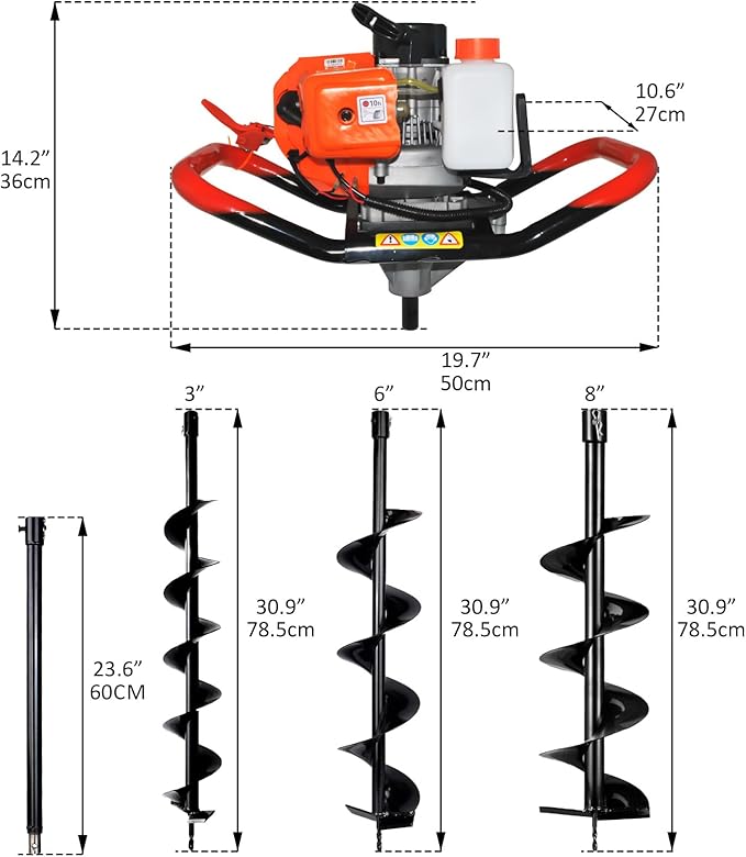 62cc 2.8HP Post Hole Digger Gas Powered, Gas Earth Auger/Ice Auger, with 2 Drill Bits 3"/6"/8" + 3 Extension Bar, One Man Earth Auger for Planting Fence, EPA Compliant Post Hole Auger-VerdiqueGarden