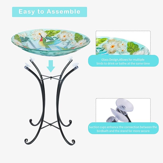 VCUTEKA 18" Outdoor Glass Birdbath with Sturdy Metal Stand for Lawn, Yard, or Garden Decor Bird Lovers Gift, Hummingbird Bird Bath Detachable, 22" Height-VerdiqueGarden