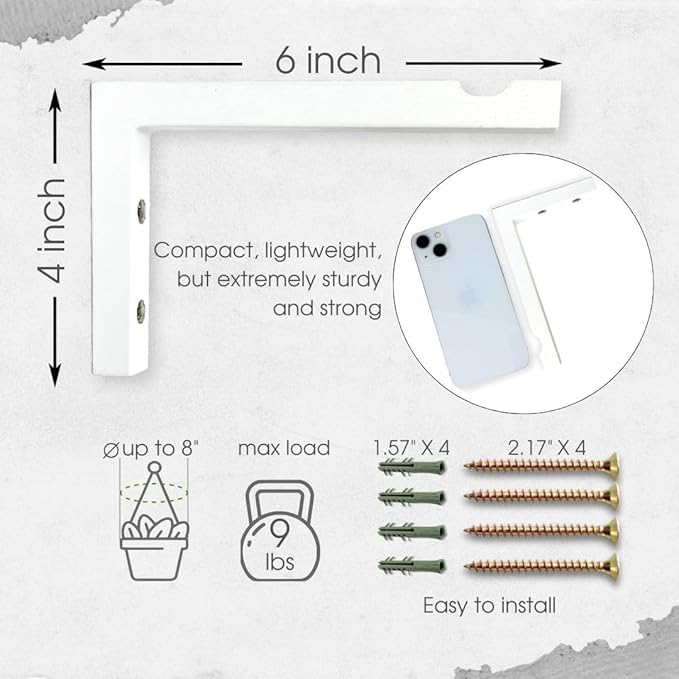 2-Piece Set of Plant Hooks for Wall 6 Inch - L-Shaped Mounted Wooden Plant Hook - Indoor and Outdoor Bracket Plant Hanger for Planters, Lanterns, Bird Feeders and Plant Basket (White)-VerdiqueGarden