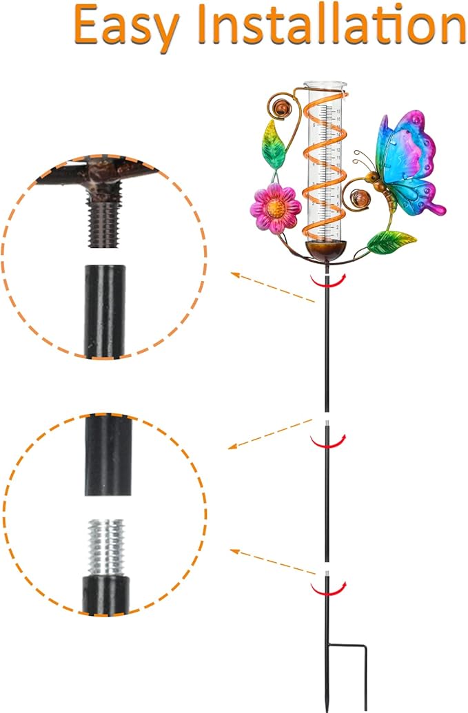 LEWIS&WAYNE 36.3” Butterfly Rain Gauge Outdoor, 7” Glass Tube Solar Powered 10 Warm White LEDs Garden Metal Stakes Decorative Waterproof for Yard Garden Patio Lawn-VerdiqueGarden