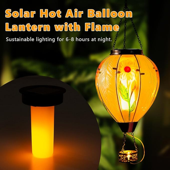 Starsoul Large Solar Hot Air Balloon Lantern with Flame Sunflower Glass Hanging Outdoor Hot Air Balloon Solar Light Waterproof Garden Patio Yard Party Decorations-VerdiqueGarden
