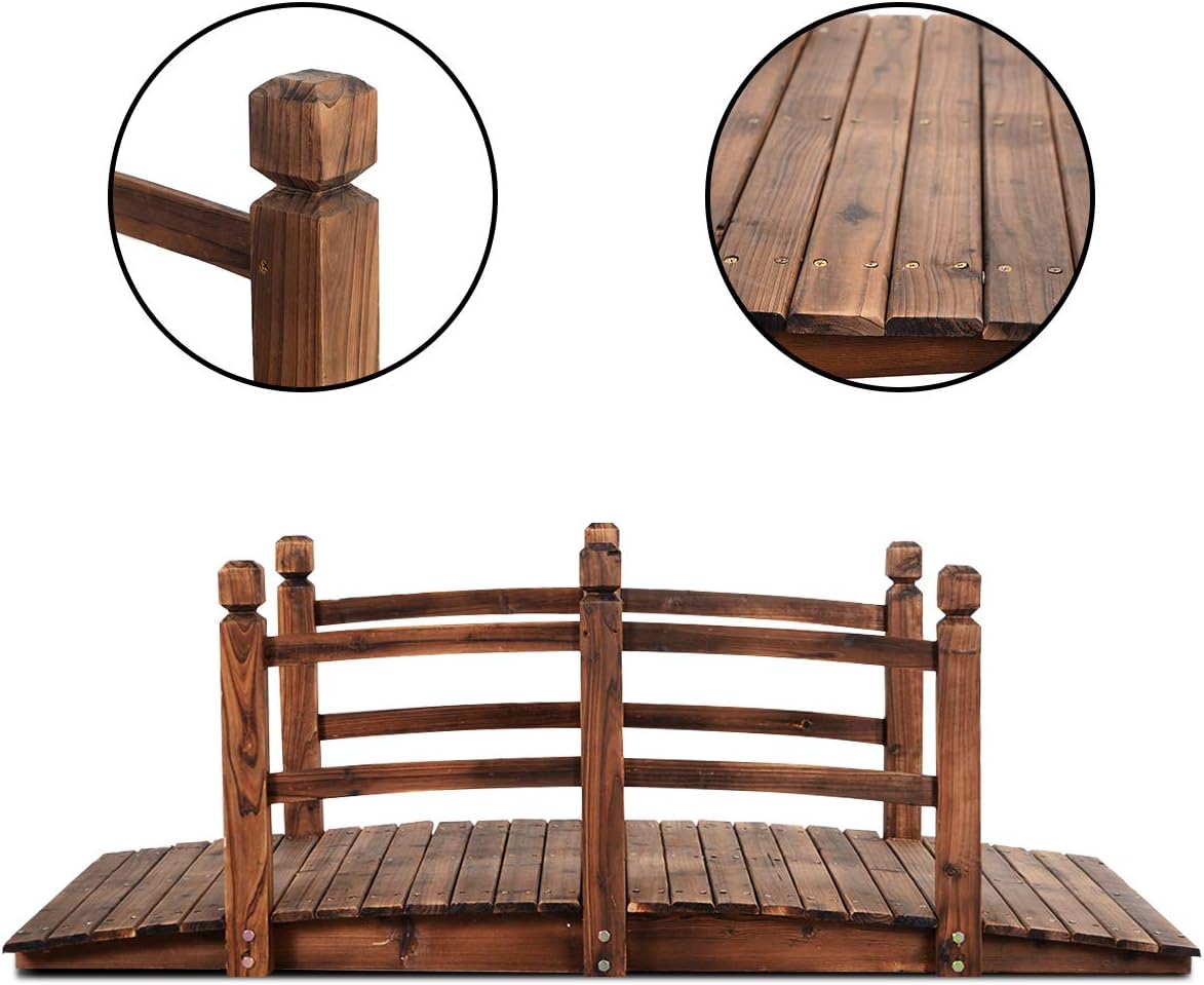 S AFSTAR Wooden Garden Bridge, 5FT Stain Finished Arch Footbridge with Safety Rails for Garden Patio Yard, Outdoor Pond Bridge & Wishing Well Planter Set-VerdiqueGarden