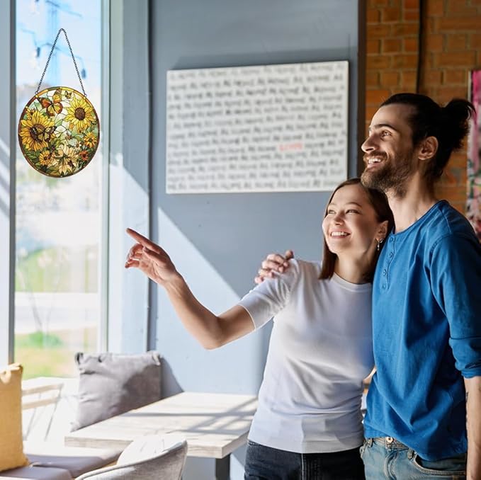 Sunflower Decor Suncatcher Stained Glass Window Hanging - Butterfly Stained Glass Suncatchers for Windows - Sun Catchers Indoor Window with Chain and Hook - Sunflower Gifts for Women Mom Teacher Gift-VerdiqueGarden