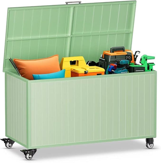 135 Gallon Outdoor Storage Box with Swivel Wheels, Waterproof Aluminum & Polylumber Deck Box, Patio Storage Box with Lid for Patio Furniture, Garden Tools, Outdoor Cushion-VerdiqueGarden