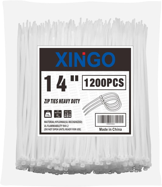 XINGO 14 Inch White Zip Ties 1200 PCS, 75 LBS Ultra Strong Tensile Strength, UV Resistant Cable Ties, Self-locking Plastic Ties for Indoor and Outdoor Use-VerdiqueGarden