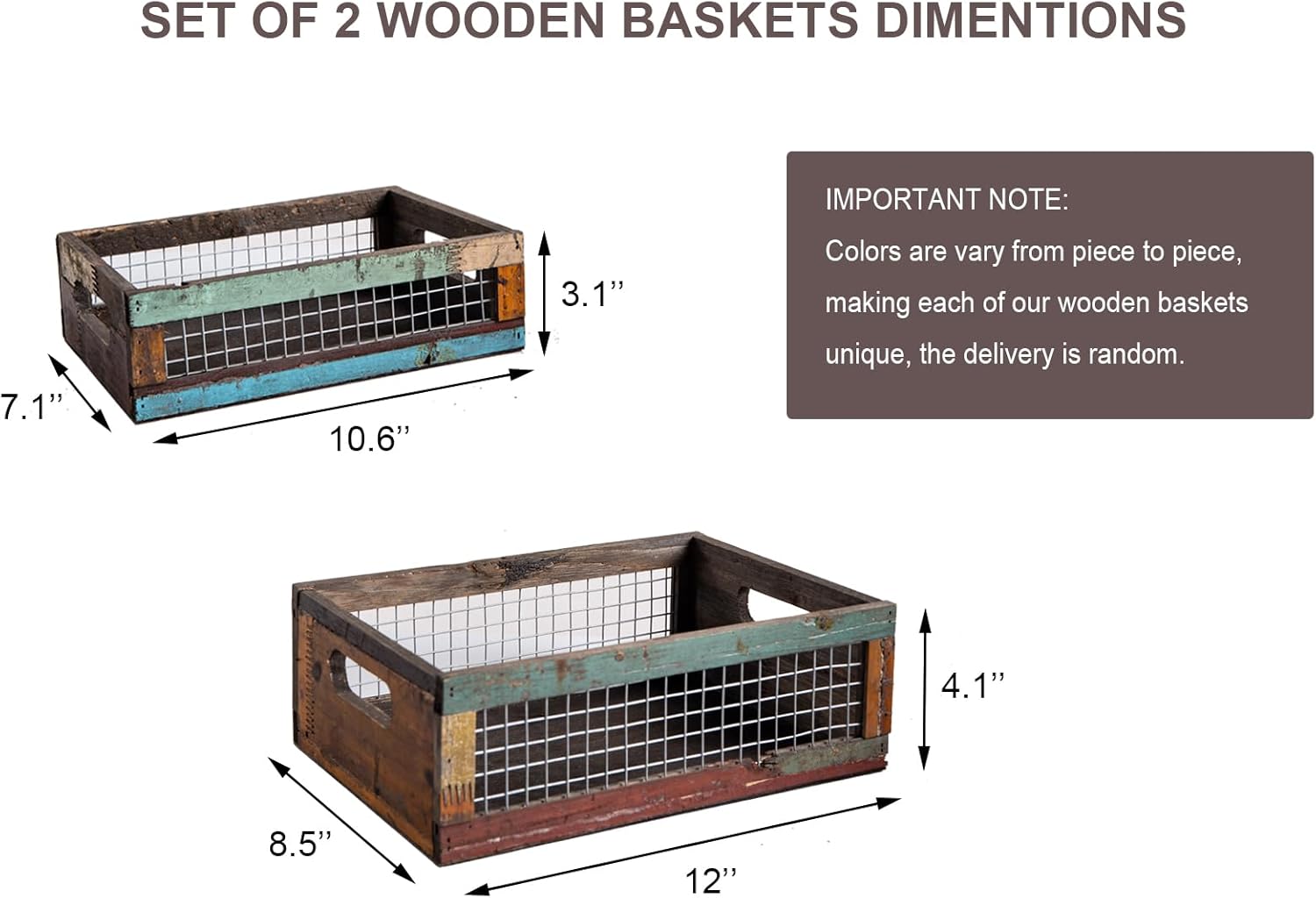 TIMRIS Set of 2 Rustic Wooden Countertop Baskets, Farmhouse Distressed Nesting Boxes, Small Decorative Wooden Storage Crates, Reclaimed Wood Organizer Baskets with Wire Mesh (Random)-VerdiqueGarden
