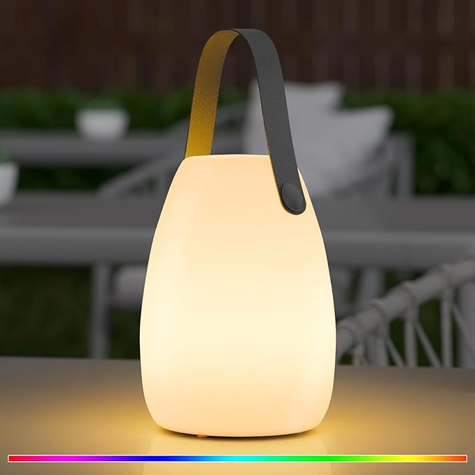 uuffoo Portable Outdoor Table Lamp, Dimmable Cordless Lamp with Remote and 7 RGB Colors IP44 Waterproof Hanging Lamp Indoor/Outdoor Night Lamp Lantern for Bedroom Garden Dining Camping-VerdiqueGarden