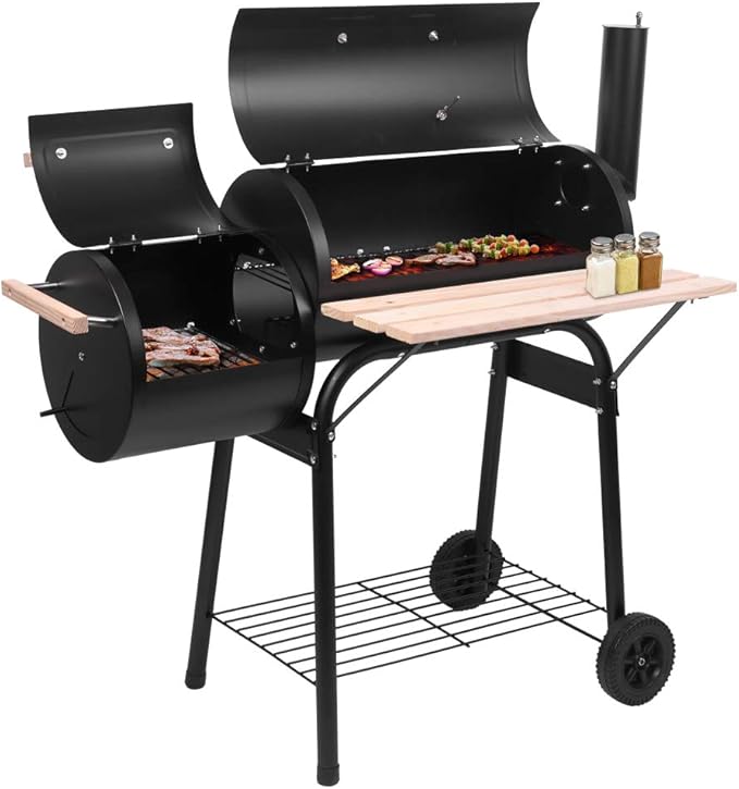 Outvita BBQ Charcoal Grill, Outdoor Patio Barbecue Cooker with Offset Smoker, Wheels and Tray for Balcony Picnics, Party and Camping-VerdiqueGarden