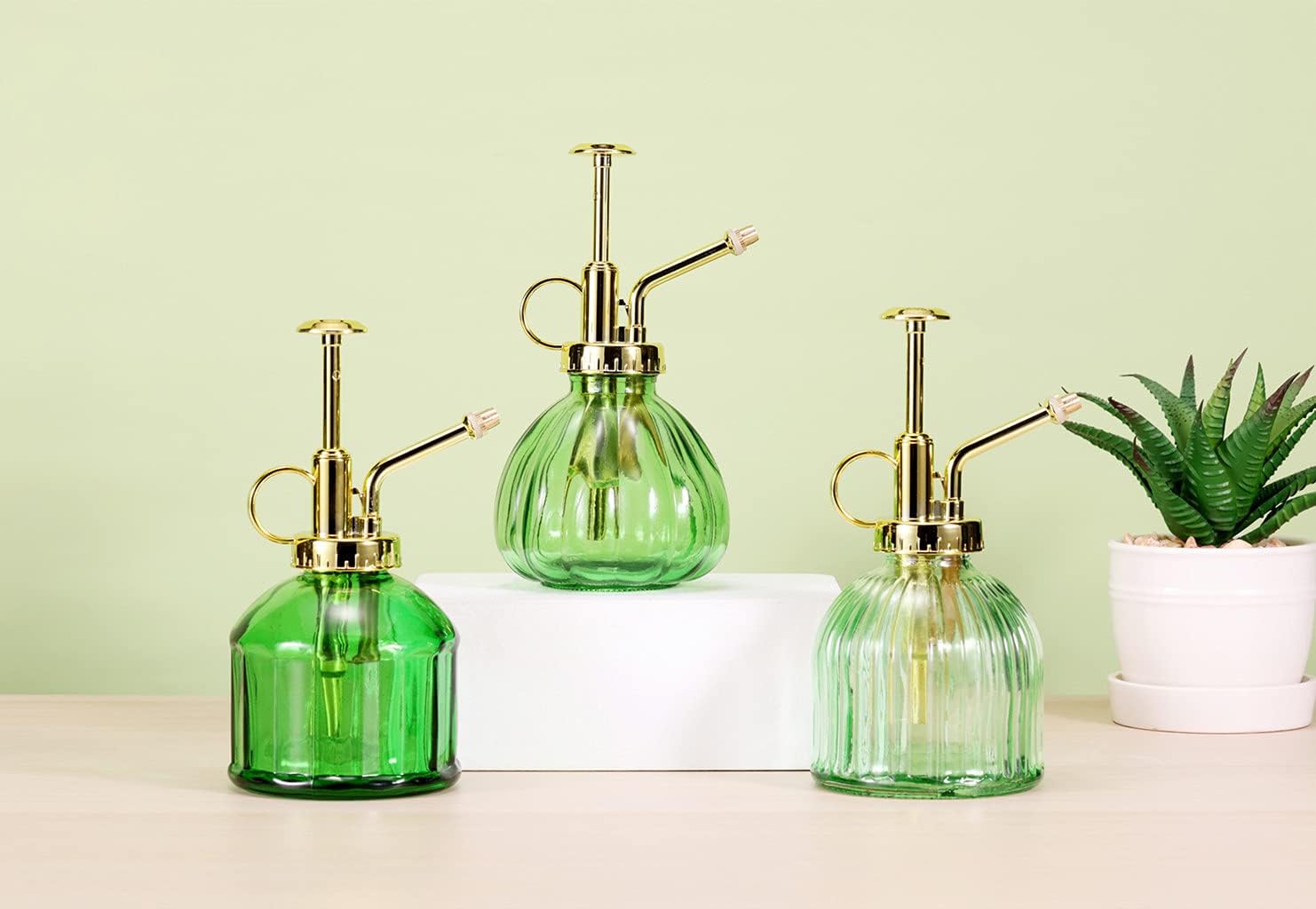 Glass Plant Mister Spray Bottle, 6.5" Green Glass Water Spray Bottle with Gold Top Pump Small Watering Can, Small Plant Sprayer Mister for Indoor Outdoor House, Green+Gold (Green+Gold C)-VerdiqueGarden