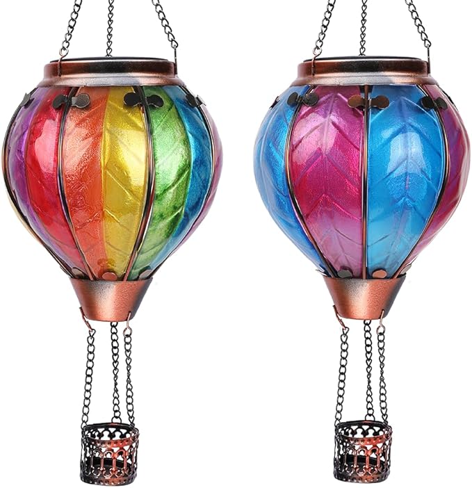 Hot Air Balloon Solar Lantern with Flickering Flame Hanging Solar Lanterns Outdoor Lights Waterproof Lanterns Decorative Garden Patio Yard Party Decor Colorful + Rose Red&Blue-VerdiqueGarden