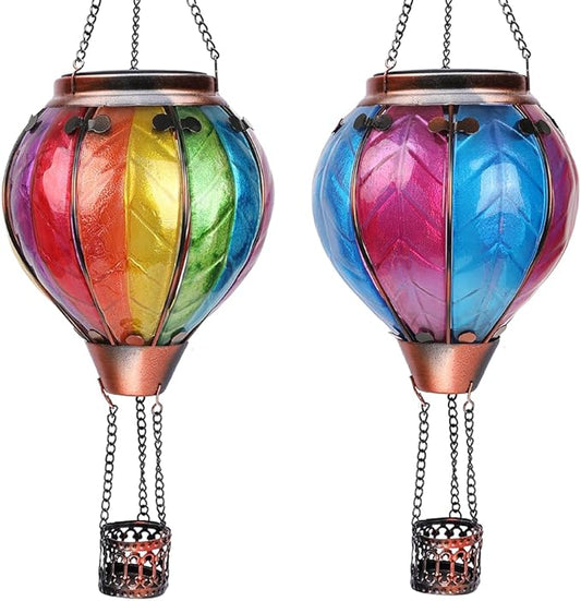 Hot Air Balloon Solar Lantern with Flickering Flame Hanging Solar Lanterns Outdoor Lights Waterproof Lanterns Decorative Garden Patio Yard Party Decor Colorful + Rose Red&Blue-VerdiqueGarden