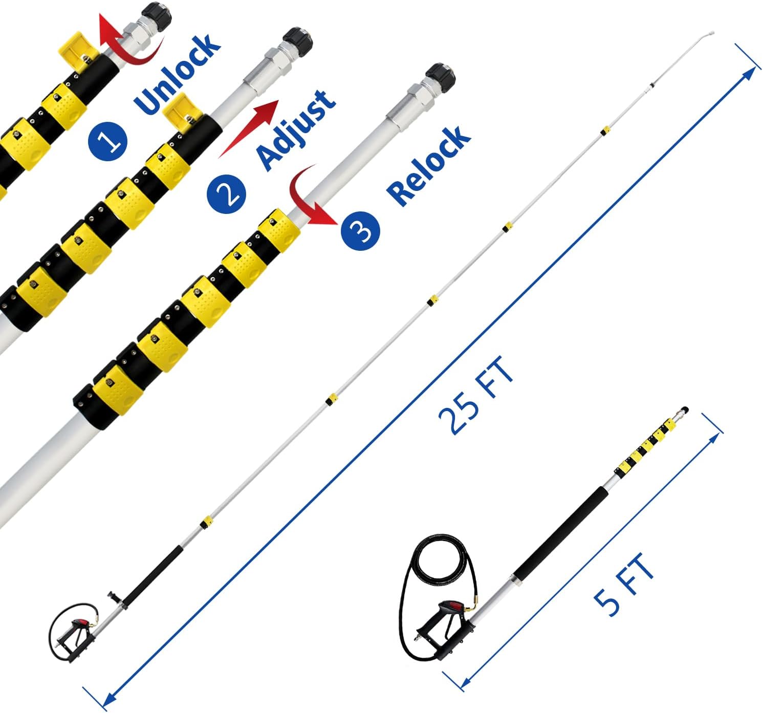 RAYNEL 25FT Telescoping Pressure Washer Extension Wand with Brush Head,2 Power Washer Extension Wands, Gutter Cleaner Attachment,7 Spray Nozzle Tips,Support Belt and 2 Hose Adapters-VerdiqueGarden