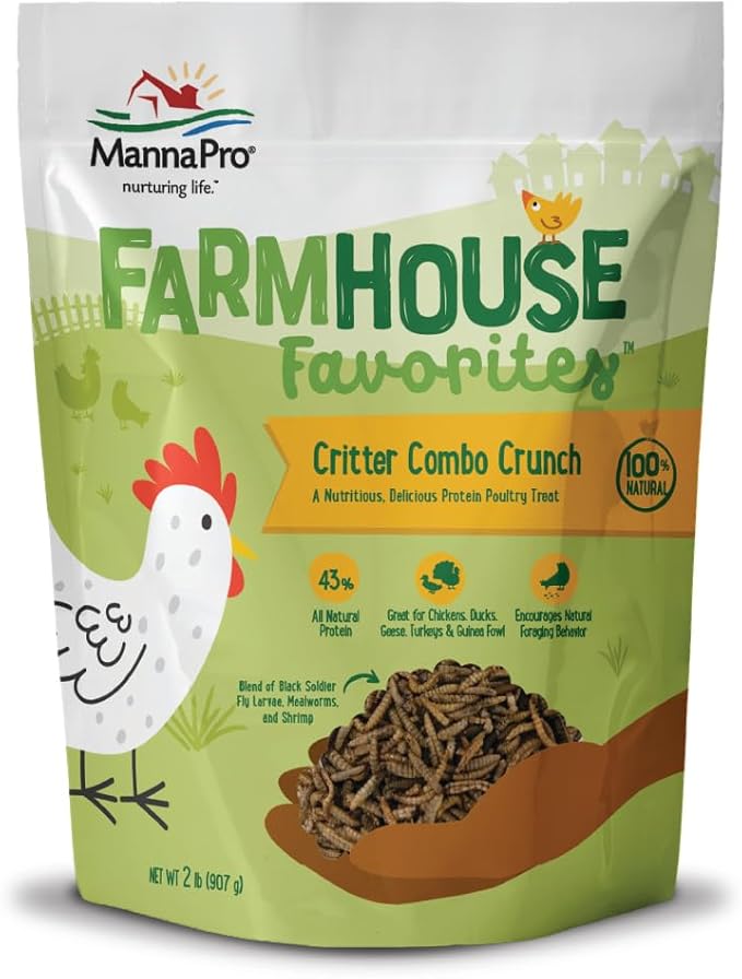 Manna Pro Farmhouse Favorites Critter Combo Crunch Poultry Treat - Protein Poultry Treat - Encourages Natural Foraging Behavior - 100% Natural Blend of Soldier Fly Larvae, Mealworms & Shrimp - 2lb Bag-VerdiqueGarden