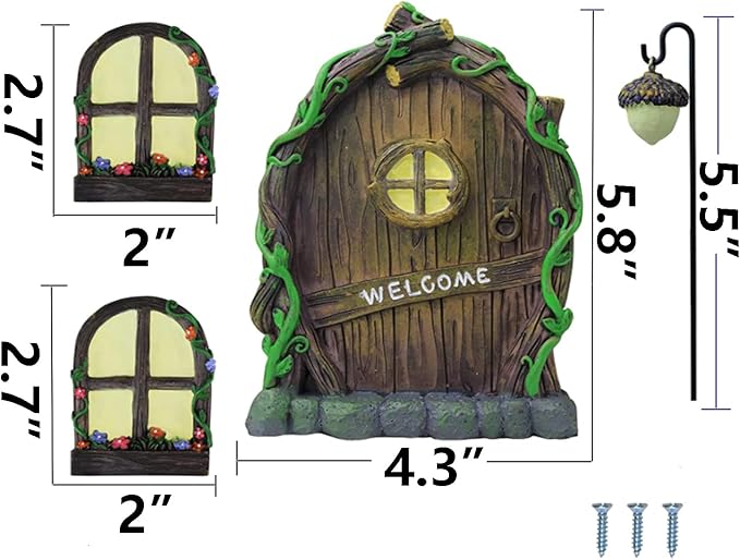 Resin Miniature Fairy Gnome Home Windows and Welcome Door with Fairy Lantern,Glow in Dark Art Sculpture for Trees Outdoor Indoor Garden Yard Wall Decorations-VerdiqueGarden