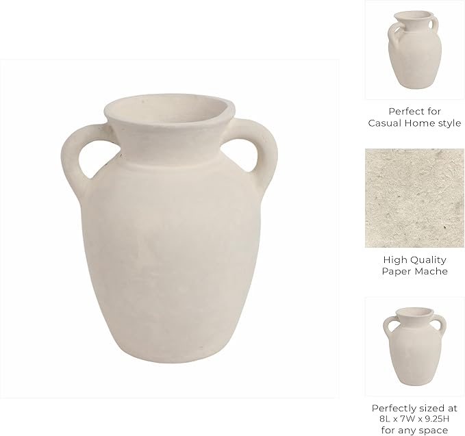 Sagebrook Home Vintage Ceramic Vase - Handmade Pottery Paper Mache Jug - Decorative Home Accent for Living Room, Bedroom, Office - 9" White-VerdiqueGarden