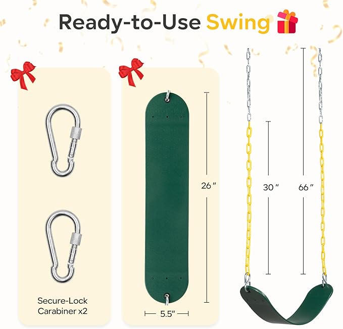 Decorlife 2 Pack Outdoor Swings Seats with 66" Rust-Resistant Heavy Duty Chain, Playground Swing Set Accessories Replacement Anti-Slip Seats, Backyard Swing Support 330lb for Kids or Adults (Green)-VerdiqueGarden