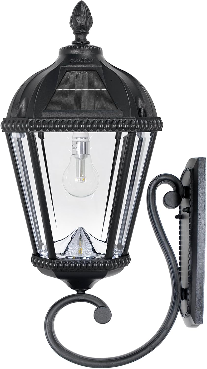 Gama Sonic Solar Outdoor Wall Light, Royal Bulb Exterior Sconce Lamp, Black Cast Aluminum, Clear Beveled Glass, Warm White LED with Omni-Direction Reflector, Large 21-Inch Height, 98B010 (Upgraded)-VerdiqueGarden