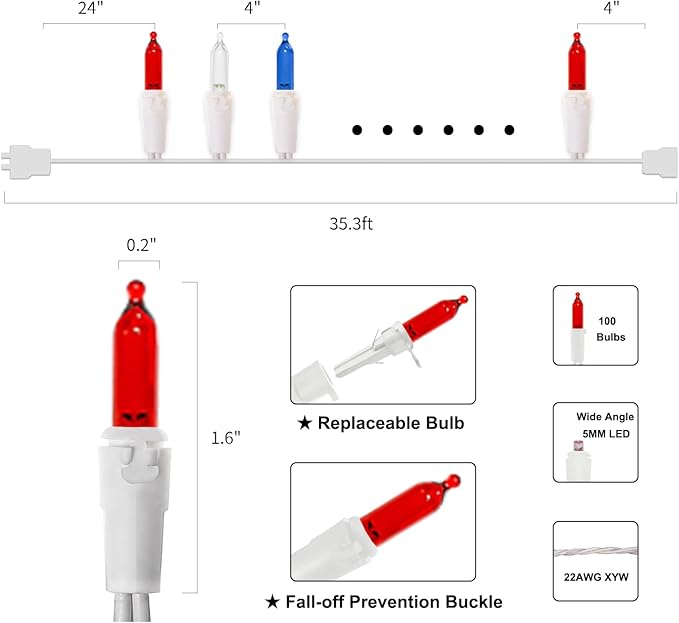 MULTI-SPARKING Red White and Blue LED Christmas Lights - 100 Count 4th of July Patriotic String Lights for Tree, Party, Independence Day Decorations, 33 Feet White Wire, UL Certified, Connectable-VerdiqueGarden