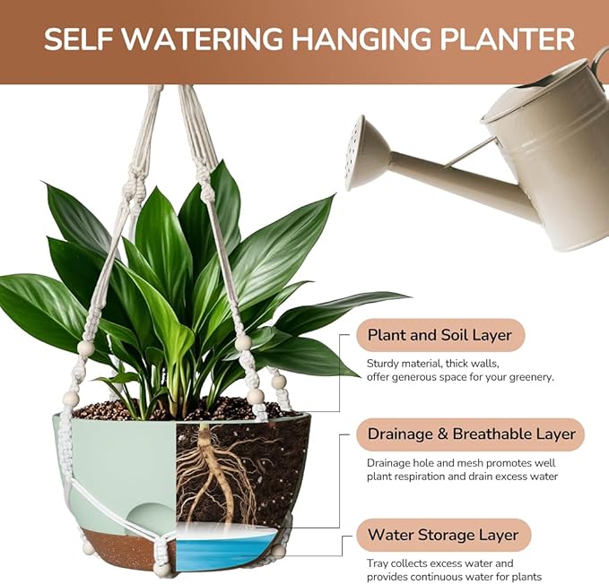 12 Inch Hanging Baskets for Plants Outdoor, Hanging Planters for Indoor Outdoor Plants, Hanging Planter with Self Watering, Hanging Flower Pots (Green Planter with Macrame + Iron Hangers)-VerdiqueGarden