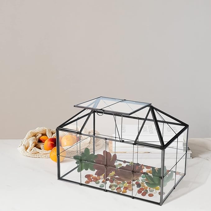 HighFree Geometric Terrarium Planter with Swing Lid, House Shape Black Handmade Glass Box, Vintage Tabletop Miniature Terrarium, for Succulent, Cacti, Air Plants (Not Watertight - 9.2x5.5x7.3 inch)-VerdiqueGarden