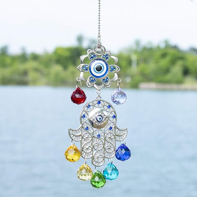 Hamsa Hand with Blue Evil Eye Protection Hanging Crystal Ornament with Chakra Energy Crystal Balls-VerdiqueGarden
