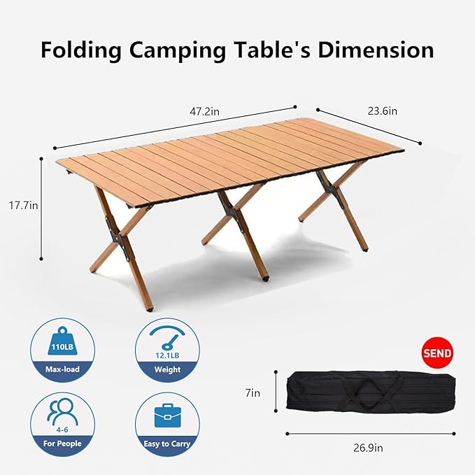 Folding Camping Table, 48Inch Lightweight Roll-Up Table Aluminum Low Portable Picnic Table with Carrying Bag for Outdoor, Beach, Picnic, Backyards, BBQ and Party Log Color-VerdiqueGarden