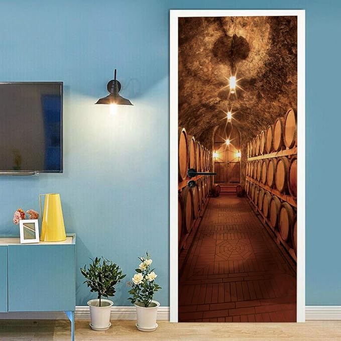 3D Door Stickers Murals Peel and Stick - Wine Cellar Wallpaper Self-Adhesive Decals - Removable PVC Waterproof Poster for Bedroom Living Room 35.4" x 78.7"-VerdiqueGarden