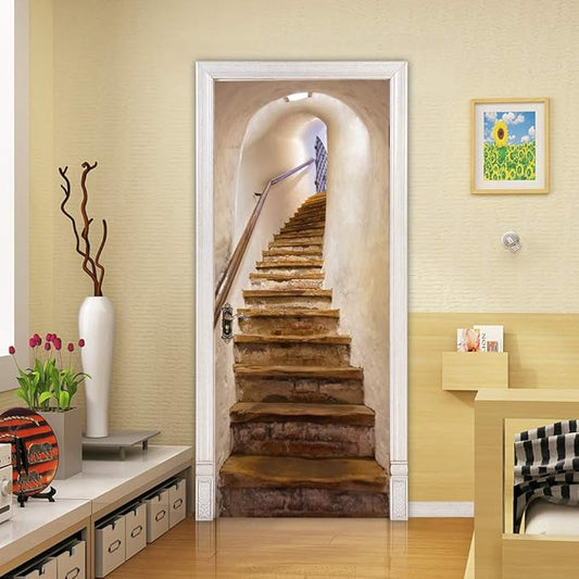 3D Door Stickers Murals - Stairs - Peel & Stick - Waterproof & Washable - Beige - Modern Style - Door & Wall - 2 Pack - 30.3" x 78.7"-VerdiqueGarden