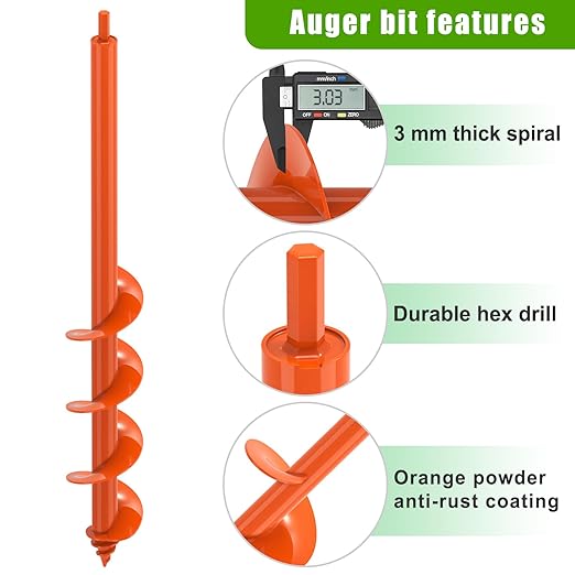 Auger Drill Bit for Planting 3 x 24'', Threaded Garden Auger Post Hole Digger, Spiral Drill Earth Dirt Augers for Bulb, Vegetables, Fence Posts and Umbrella Holes, Fits in 3/8” Drill Chuck-VerdiqueGarden