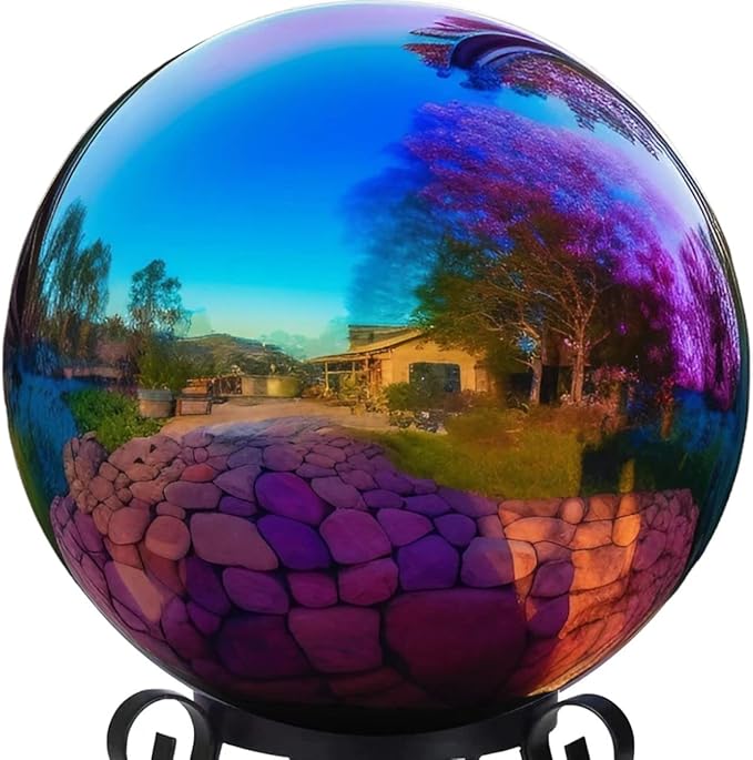 12 Inch Stainless Steel Gazing Globe,v2croft Hollow Ball Mirrored Surface Polished Shiny Sphere,Garden Stainless Steel Gazing Ball for Outdoor Lawn Pond Yard Ornament(rainbow)-VerdiqueGarden
