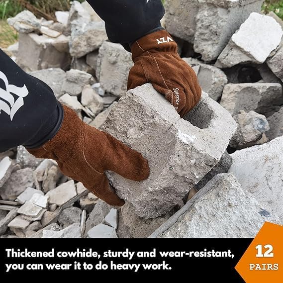 12 Pairs Bulk Leather Work Gloves for Men or Women for Gardening, Construction, Truck, Driving, Farm, Ranch, Woodworker, Soft, Cowhide Thickened, Water Resistant, Brown, 2X-Large-VerdiqueGarden