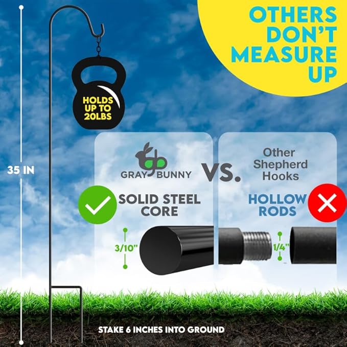 Gray Bunny 35" Shepherds Hooks for Outdoor 4 Pack, Thick Bird Feeder Pole, Hanging Plant Stand, Shepherds Hook for Bird Feeder, Non-Hollow, Non-Adjustable, Extra Long Base Prongs-VerdiqueGarden